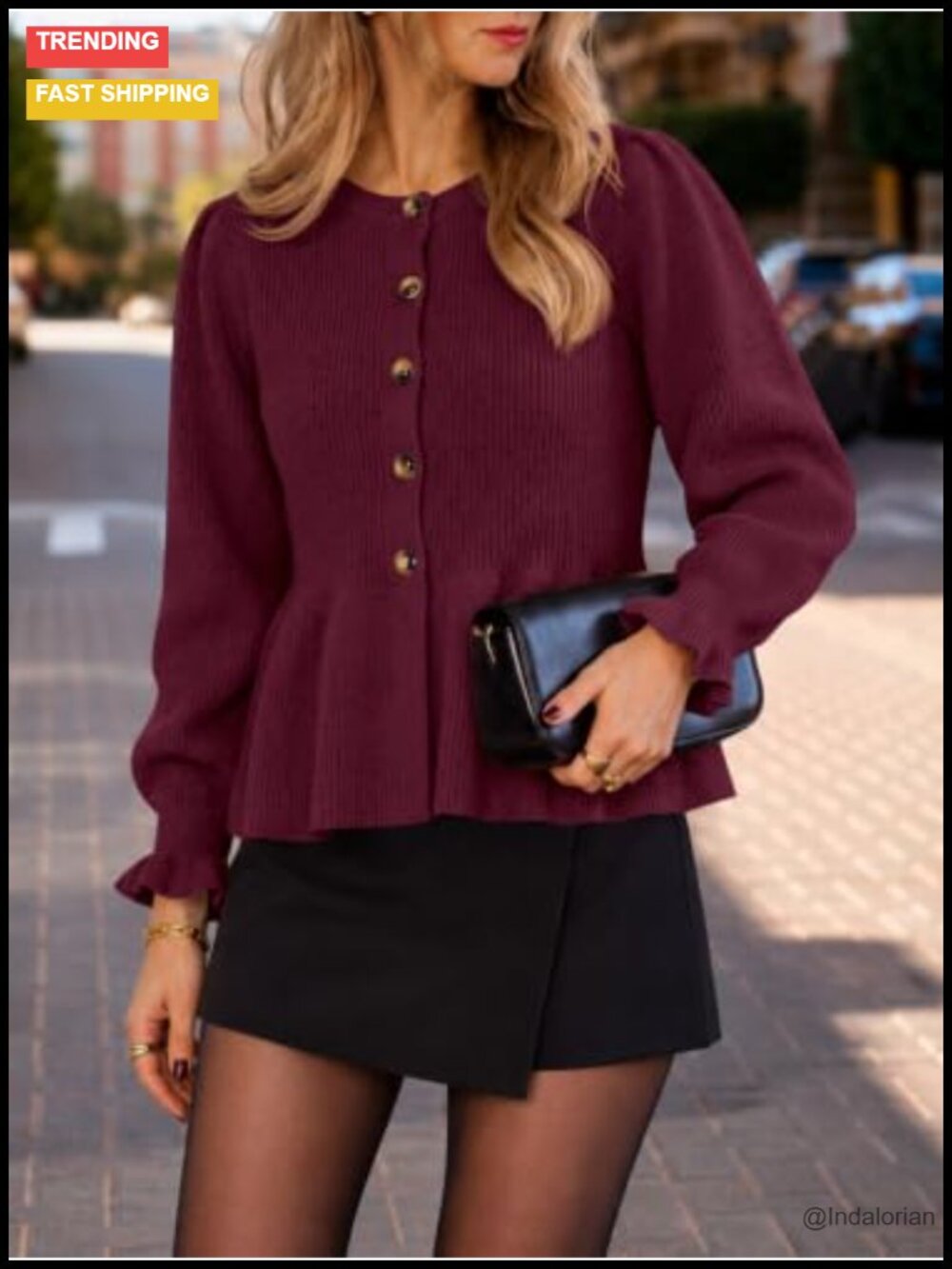 Cropped Ruffle Sleeve Button Up Cardigan Sweater - Picture 4 of 6